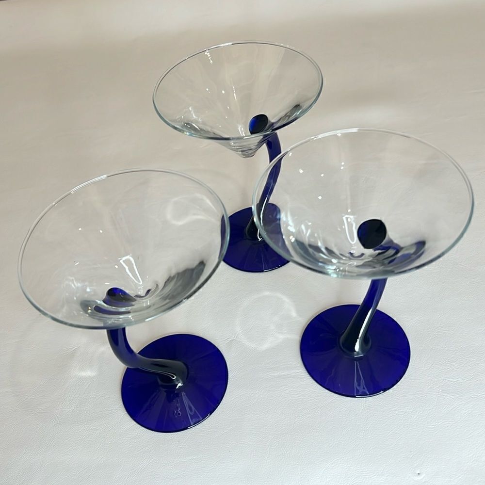 Libby Martini Glasses Cobalt Blue Curved Stem Art Glass Swerve Bravura Set 3